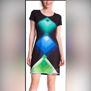 Disigual short multi-color green/blue geometric Dress, Size S. New without tags